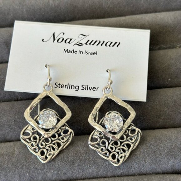 Noa Zuman Sterling Silver 925 Earrings Filigree w CZ Stone Israel 1.5in long - Picture 5 of 15